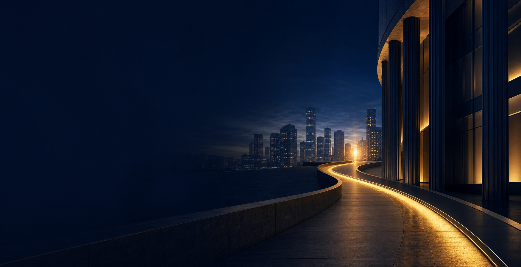 An illuminated path through a city representing clear executive direction