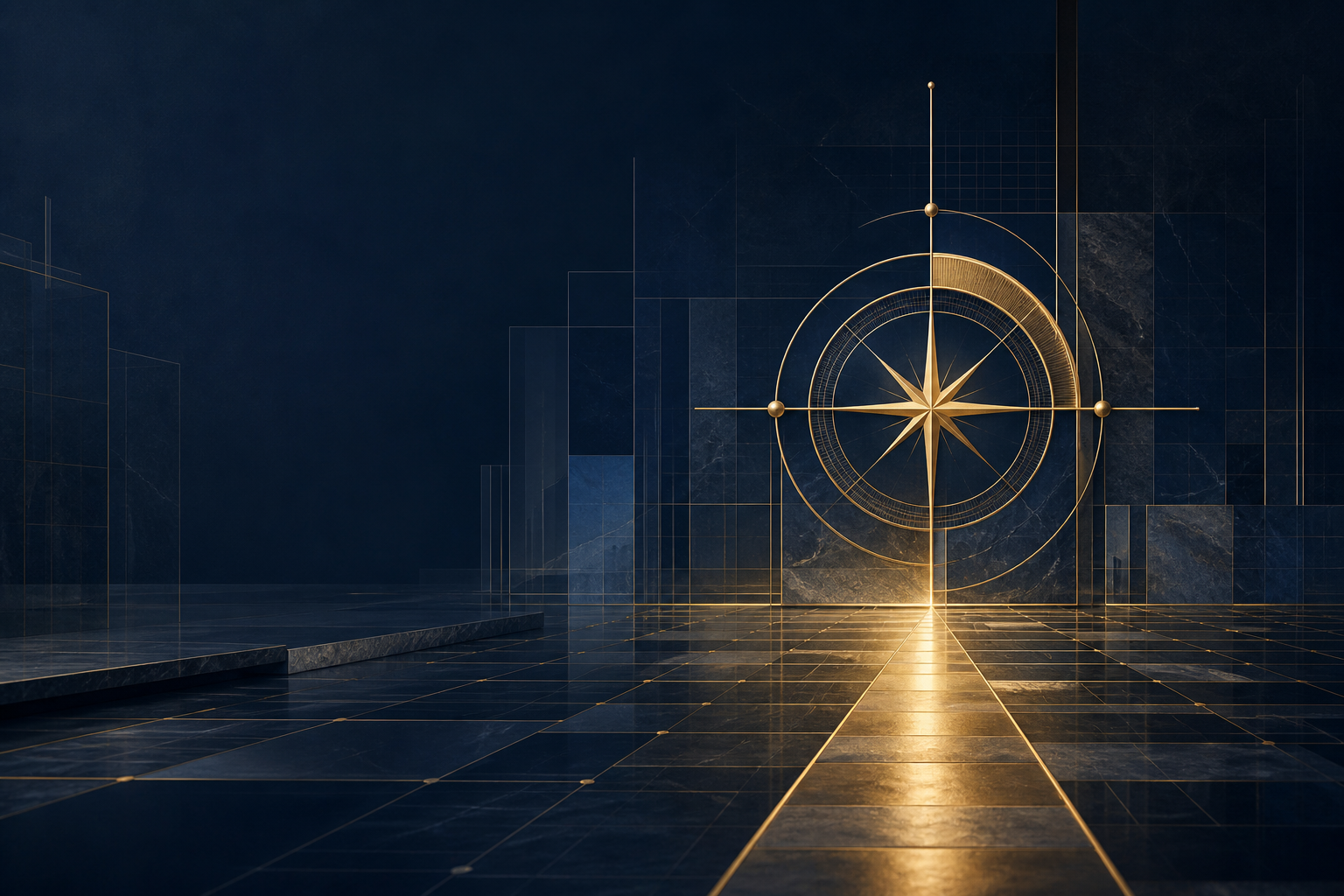 A gold stewardship compass and illuminated path representing clear executive direction